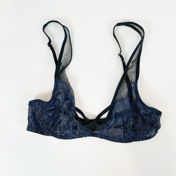 NWOT Victoria's Secret Bra 32C Very Sexy Unlined Plunge Black Blue Lace Shimmer - Picture 1 of 10